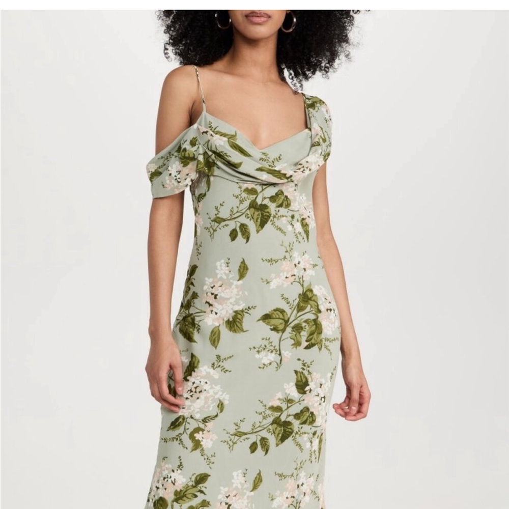 Reformation Sage Green Floral Cowl Neck Dress